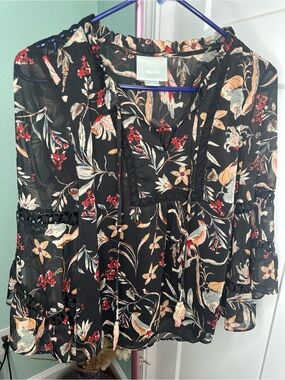 Maeve Black Floral Sheer V-Neck Boho Blouse with Lace Trim